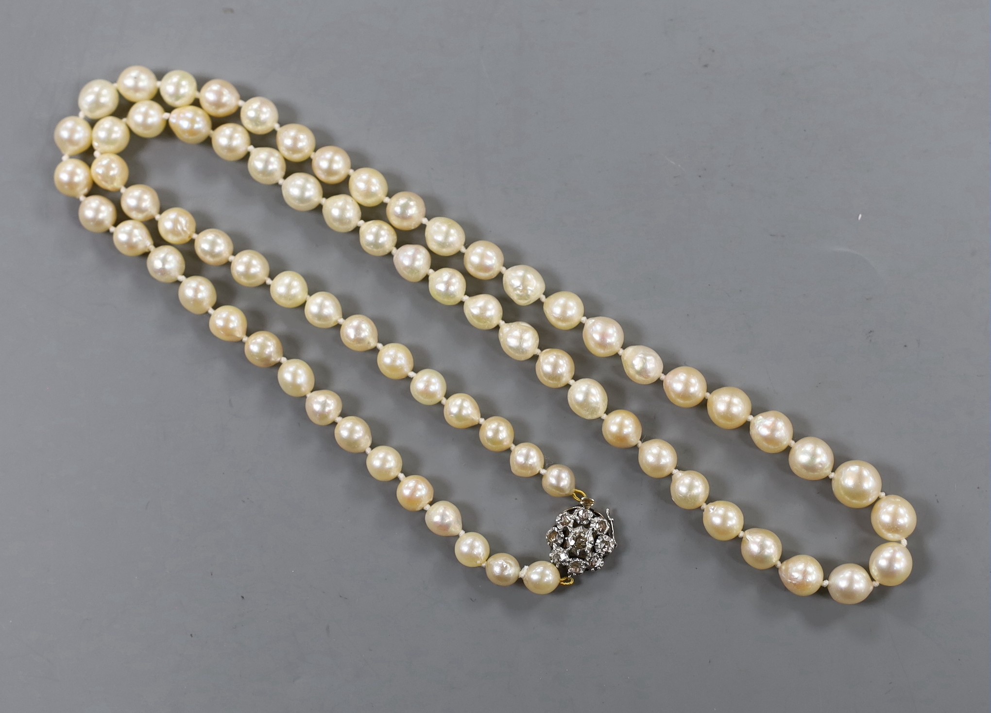 A single strand cultured pearl necklace, with diamond cluster set yellow and white metal clasp, 66cm.